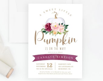 Fall Pumpkin Baby Shower Invitation | Editable Template | Printable Pink Watercolor Florals for Little Pumpkin Theme Baby Girl Shower #006BS