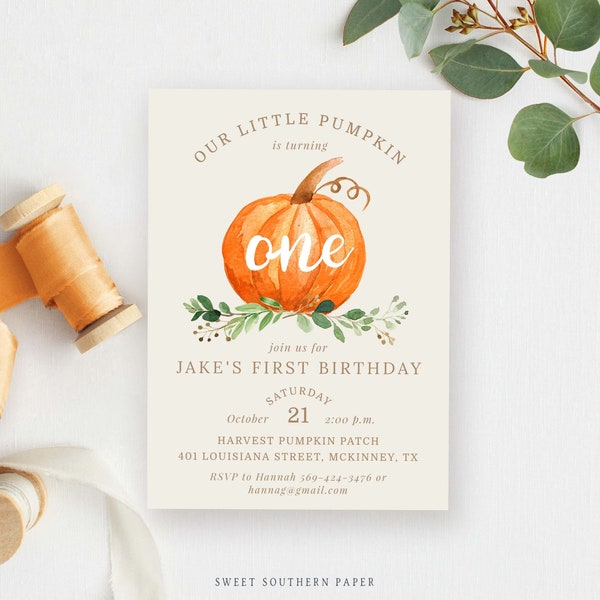 Little Pumpkin Birthday Invitation | Editable Template | Printable Pumpkin First Birthday Invite | Gender Neutral Fall Birthday, #008BD-TG