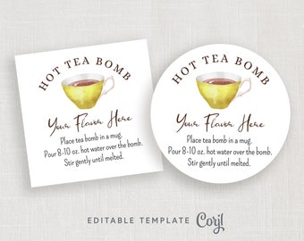 Editable Hot Team Bomb Tag or Sticker, Tea Cup Hot Tea Bomb, Tea Globe Tag Template #955CP HTB