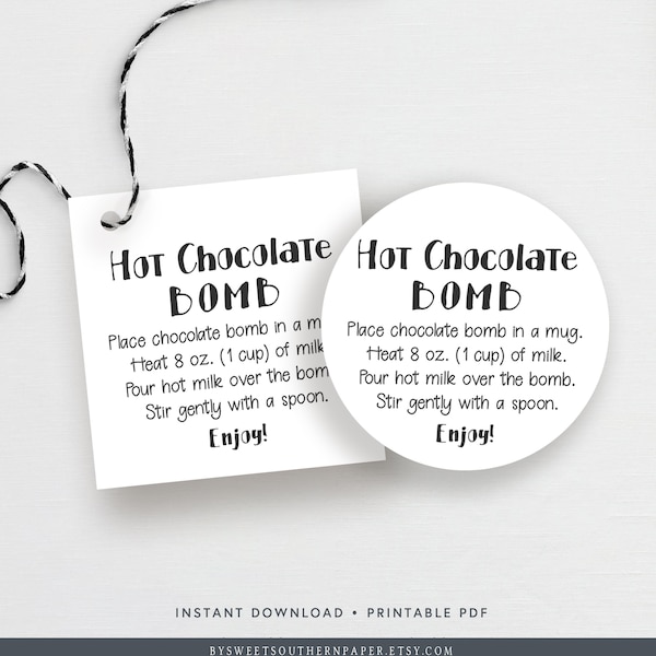 Printable Hot Cocoa Bomb Tag or Sticker, Simple Hot Chocolate Bomb, Black and White, Cookie Party Favor, Text Hot Chocolate Bomb #921CP CB