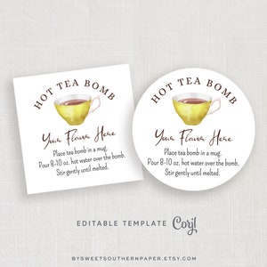 Editable Hot Team Bomb Tag or Sticker, Tea Cup Hot Tea Bomb, Tea Globe Tag Template #955CP HTB