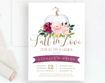 May include: Fall in Love shower invitation featuring a white pumpkin, burgundy and pink flowers, and gold lettering. The invitation is for Candace Simpson and is set for Saturday, 12th November at two in the afternoon at Harvest Cafe, 401 Louisiana St., McKinney, TX.