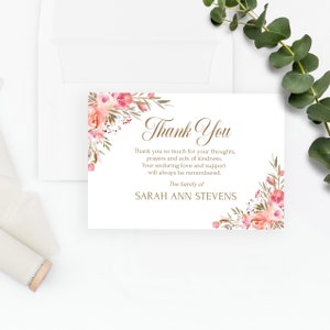 Merci pour les funérailles, célébration de la vie, merci corail rose, carte commémorative, modèle de carte de remerciement imprimable, carte de sympathie modifiable Sarah