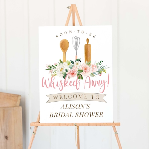 Pink Whisked Away Welcome Sign for Bridal Shower | Editable Template | Printable Sign Kitchen Shower, Stock the Kitchen WA2