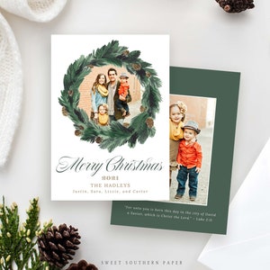 Merry Christmas Wreath Christmas Card INSTANT DOWNLOAD, Pine Wreath Christmas Photo Card, Green Merry Christmas Printable Template, #027CC-B