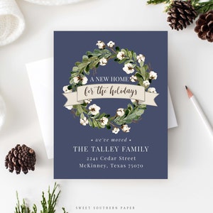 A New Home For the Holidays | New Address | We&#39;ve Moved| Cotton Wreath Moving Announcement | Instant Download Printable Rustic  111NH-B