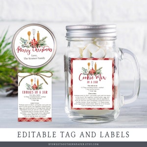 Editable Holiday Cookie in a Jar Instructions Tag & Sticker, Christmas Baking Tag, Printable Recipe Tag for Mason Jar, Cookies in a Jar CIJ