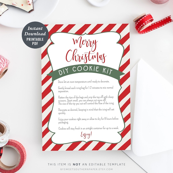 Printable Christmas DIY Cookie Kit Instructions, Candy Cane Striped Cookie Instructions, Classic Christmas Kids Activity #913CP CHR