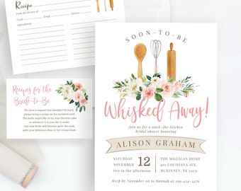 Blush Whisked Away Bridal Shower Invitation Set | Editable Template, Printable Kitchen Shower Invite and Recipe Card Insert, Pink WA2 AVA