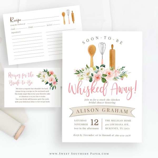 Blush Whisked Away Bridal Shower Invitation Set | Editable Template, Printable Kitchen Shower Invite and Recipe Card Insert, Pink WA2 AVA