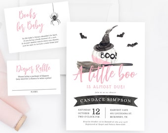 May include: A Halloween-themed baby shower invitation with a pink and black pumpkin wearing a witch's hat and holding a broom. The text reads "A little boo is almost due!" and includes the name "Candace Simpson", the date "Saturday, October 12, Two O'Clock P.M.", and the location "Harvest Cafe, 401 Louisiana St., McKinney, TX".