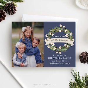 A New Home For the Holidays Photo Christmas Card | New Address, We've Moved, Cotton Wreath Moving Announcement, Printable Rustic  111NH-A
