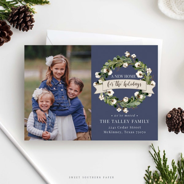 A New Home For the Holidays Photo Christmas Card | New Address, We've Moved, Cotton Wreath Moving Announcement, Printable Rustic  111NH-A