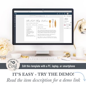 May include: A computer screen displaying a printable recipe for chocolate chip cookies. The recipe includes ingredients, directions, and a handwritten signature. The screen is on a desk with a white bowl, a gold stapler, and a bouquet of white flowers.