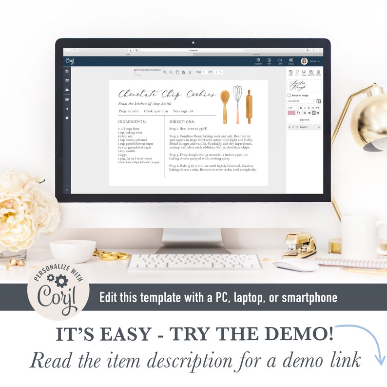 May include: A computer screen displaying a printable recipe for chocolate chip cookies. The recipe includes ingredients, directions, and a handwritten signature. The screen is on a desk with a white bowl, a gold stapler, and a bouquet of white flowers.