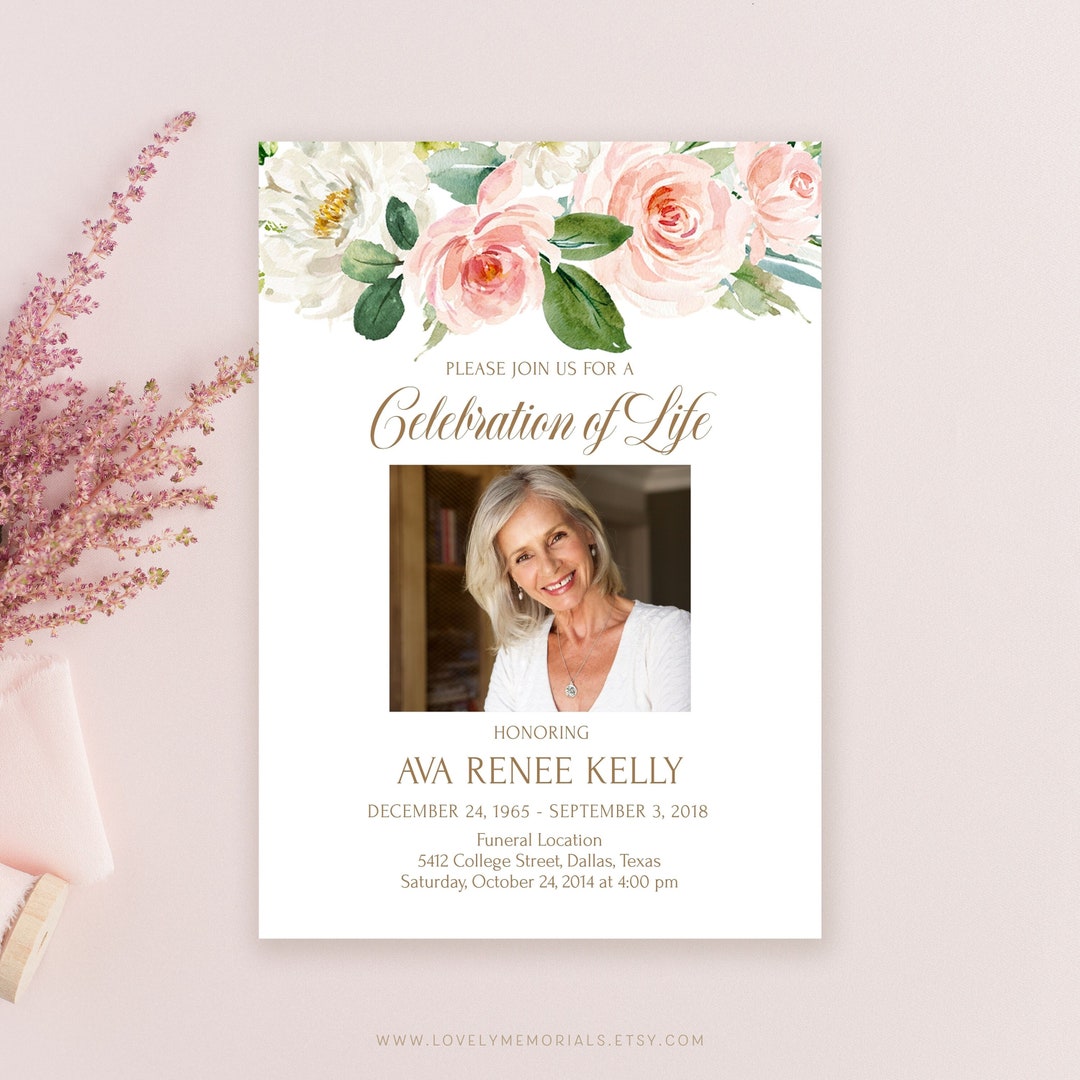 Funeral Intimation Examples Printable Funeral Announcement | Pink Roses Floral Celebration of Life ...