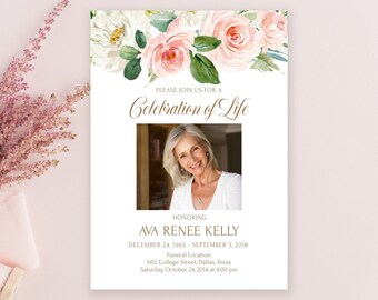 Printable Funeral Announcement | Pink Roses Floral Celebration of Life Photo Invitation | Memorial Service Template | Digital Funeral AVA
