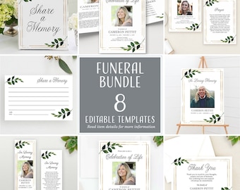 Leaves Greenery Funeral Bundle Template Botanical Celebration of Life Bundle Man Printable In Loving Memory Package, Cameron Green Gold