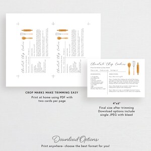 May include: Printable recipe cards for chocolate chip cookies. The cards feature a watercolor illustration of kitchen utensils, including a rolling pin, whisk, and wooden spoon. The recipe includes ingredients and directions for making the cookies. The cards are designed to be printed at home and trimmed to a final size of 4x6 inches.