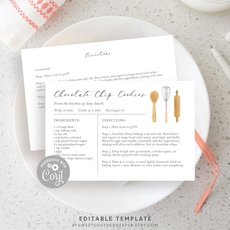 May include: Printable recipe card template for chocolate chip cookies. The card features a watercolor illustration of kitchen tools and the text "Chocolate Chip Cookies" in a handwritten font. The recipe includes ingredients and directions for baking the cookies.