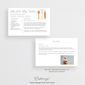 May include: Printable recipe card with a watercolor illustration of kitchen tools and a photo of chocolate chip cookies. The recipe card is for chocolate chip cookies and includes the ingredients and directions. The text on the card reads "Chocolate Chip Cookies" and "From the kitchen of Amy Smith".