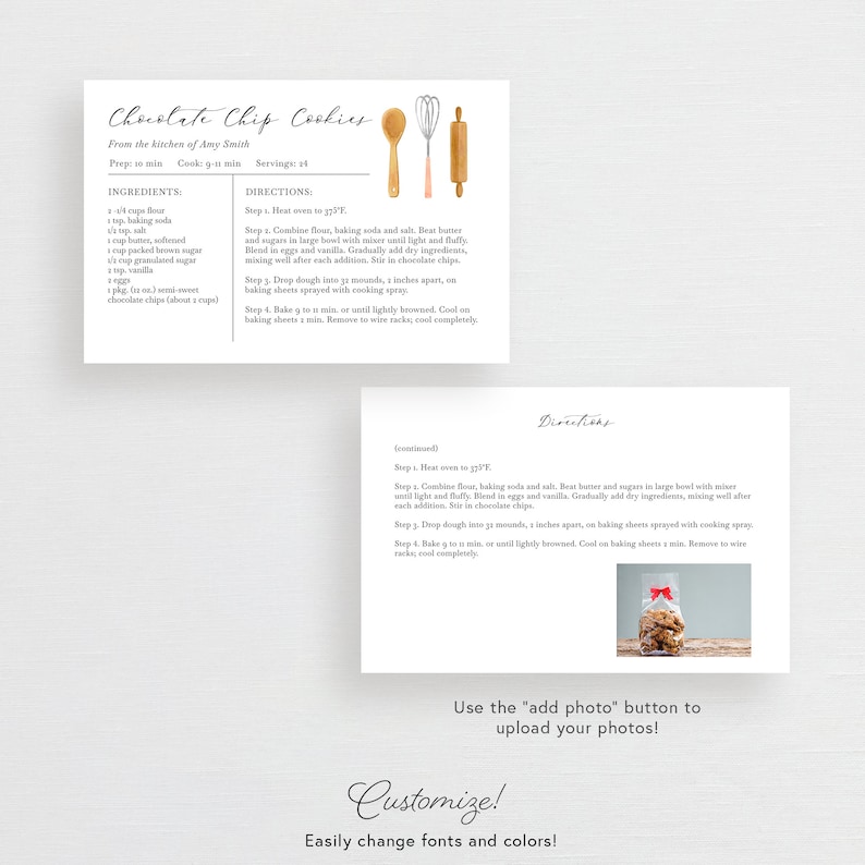 May include: Printable recipe card with a watercolor illustration of kitchen tools and a photo of chocolate chip cookies. The recipe card is for chocolate chip cookies and includes the ingredients and directions. The text on the card reads "Chocolate Chip Cookies" and "From the kitchen of Amy Smith".