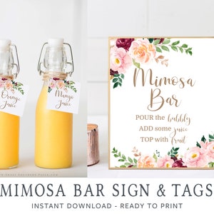 Bridal Shower Mimosa Bar | Fully Editable Fall Mimosa Bar Sign | Printable Bridal Shower Decor | Burgundy Fall in Love Drink Tags #006 WA2