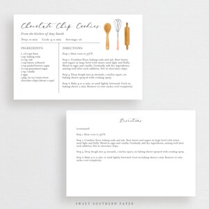 May include: A printable recipe card for chocolate chip cookies with watercolor illustrations of kitchen tools. The recipe includes ingredients and directions for baking the cookies. The card is titled "Chocolate Chip Cookies" and is from the kitchen of Amy Smith.