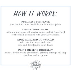 May include: A white background with blue text outlining how to use a digital template. The text reads "HOW IT WORKS: PURCHASE TEMPLATE you can find more details in the item description CHECK YOUR EMAIL within minutes you will receive an access link from Corjl to the email associated with your Etsy account EDIT, SAVE, AND DOWNLOAD edit text, font style, and color save and download to your device PRINT OR SEND DIGITALLY print at home or add professional printing through my shop (see link in description)"