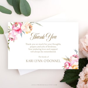 Merci funéraire, Célébration de la vie, Merci Pivoine rose, Carte commémorative, Modèle de carte de remerciement imprimable, Carte de sympathie modifiable Kari
