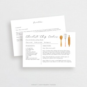 May include: A printable recipe card for chocolate chip cookies. The card features a watercolor illustration of a whisk, rolling pin, and spatula. The recipe is titled "Chocolate Chip Cookies" and includes a list of ingredients and directions. The card is from the kitchen of Amy Smith.