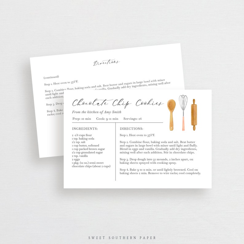 May include: A printable recipe card for chocolate chip cookies. The card features a watercolor illustration of a whisk, rolling pin, and spatula. The recipe is titled "Chocolate Chip Cookies" and includes a list of ingredients and directions. The card is from the kitchen of Amy Smith.