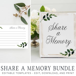 Greenery Printable Share a Memory Funeral Sign Template Bundle | Printable Memory Card |Memorial Service | Share a Memory Card | Cameron