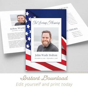 Flag Printable Funeral Program | American Memorial Service | Male Obituary Template | Military Celebration of Life | Veteran Funeral John