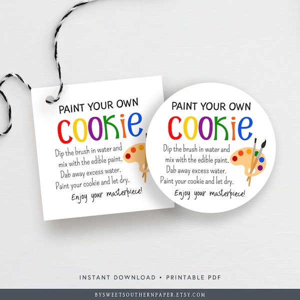 Malen Sie Ihr eigenes Cookie-Tag oder Aufkleber, druckbare Anleitung für PYO-Cookie, Keksverpackung, bunte Keksmalerei #944PYO