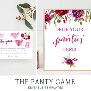 Panty Game Sign and Insert Card for Bridal Shower |  Drop Your Panties Sign Editable Template | Printable Bridal Shower Decor Pink Red 135BS