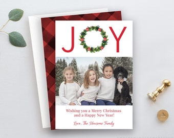 Joy Wreath Christmas Photo Card Instant Download | Wreath Holiday Card | Printable Christmas Card Editable Template |  Buffalo Check #007CC