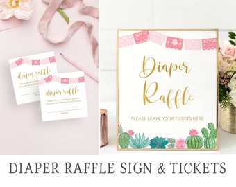 May include: White "Diaper Raffle" sign and tickets with gold lettering and a gold frame. The sign has a watercolor cactus design at the bottom and pink banner accents. Tickets read "Please bring a package of diapers (any size) for a chance to win a prize!"