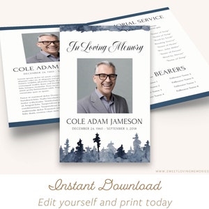 Forest Printable Funeral Program, Man&#39;s Memorial Service, Male Obituary Template, Man&#39;s Celebration of Life, In Loving Memory, Trees, Cole
