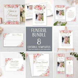 Könnte beinhalten: Ein Satz von 8 druckbaren Trauerkarten mit einem floralen Design mit rosa und pfirsichfarbenen Blumen. Die Vorlagen beinhalten eine Gedenkkarte, eine Dankeskarte, ein Gedenkschild, ein Programm, eine Karte zum Teilen einer Erinnerung und eine Karte zum Abschied. Die Vorlagen sind editierbar und können mit dem Namen des Verstorbenen, dem Geburtsdatum und dem Todesdatum personalisiert werden.