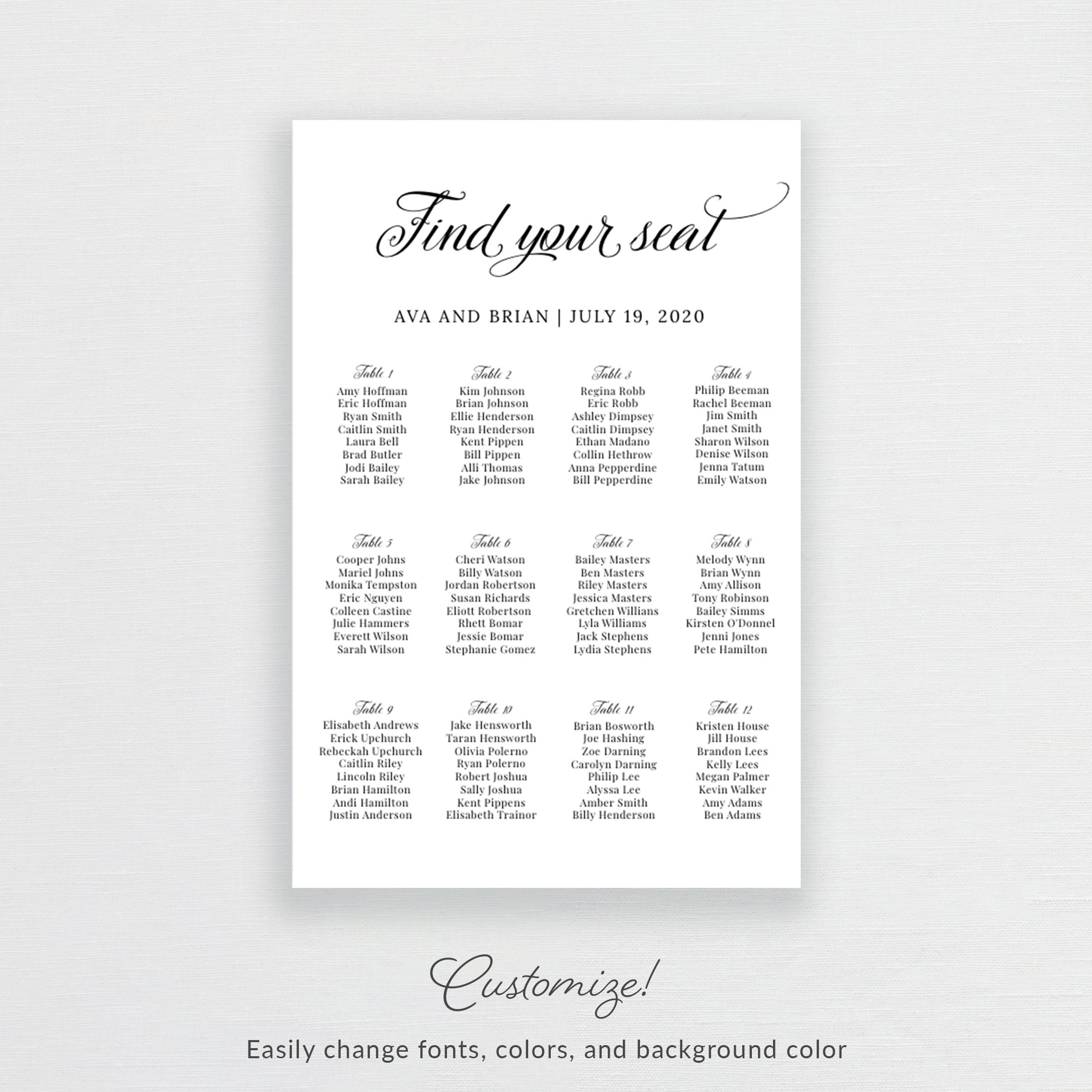 Editable Seating Chart Template Classic Wedding Seating Sign | Etsy