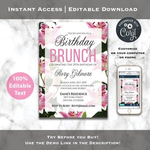 Pink Birthday Brunch Invite Template Printable Birthday Etsy Flat floral free brunch lunch invitation template free. etsy
