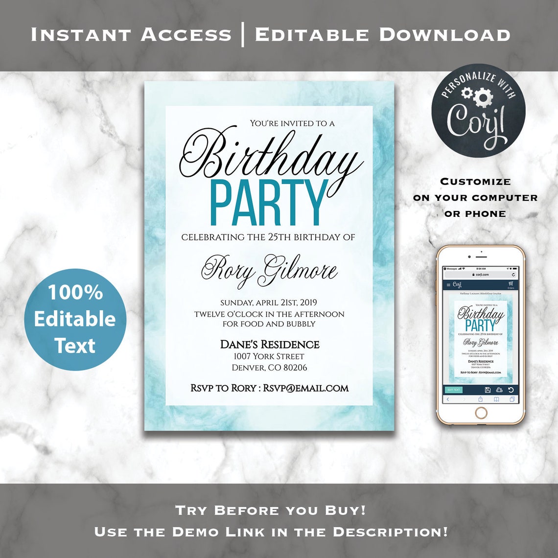 Blue Birthday Party Invite Template Editable Birthday Etsy