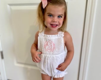 Monogrammed Bow Back Bubble, Baby Sunsuit, Smocked Baby Bubble Sunsuit, Sun Suit, Seersucker Baby Girl Outfit, Baby Romper