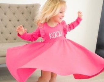 Monogrammed Twirl Dress, Girls Personalized Dress, Embroidered Long Sleeve Dress, Ruffle Twirl Dress, Girls Holiday Valentine Spring Dress