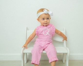 Peto largo personalizado con volantes, peto largo de cuadros vichy para bebé niña con bordado smock, peto largo de cuadros vichy, peto para bebé niña