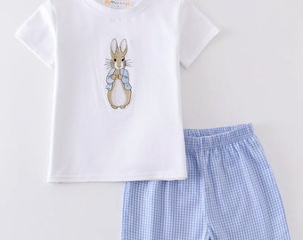 Smocked Easter Rabbit Bunny Gingham Short Set, Youth Toddler Boy Easter Outfit, Sibling Easter Outfit, Embroidered Bunny Outfit, Egg Hunt