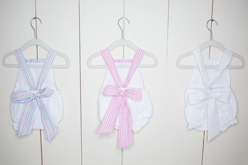 Monogrammed Bow Back Bubble, Baby Sunsuit, Smocked Baby Bubble Sunsuit, Sun Suit, Seersucker Baby Girl Outfit, Baby Romper image 8