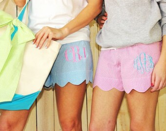 Seersucker Shorts, Monogrammed Shorts, Womens Monogram Shorts, Bridesmaids Gift, Scalloped Shorts, Pajama Lounge Shorts, Bow Shorts