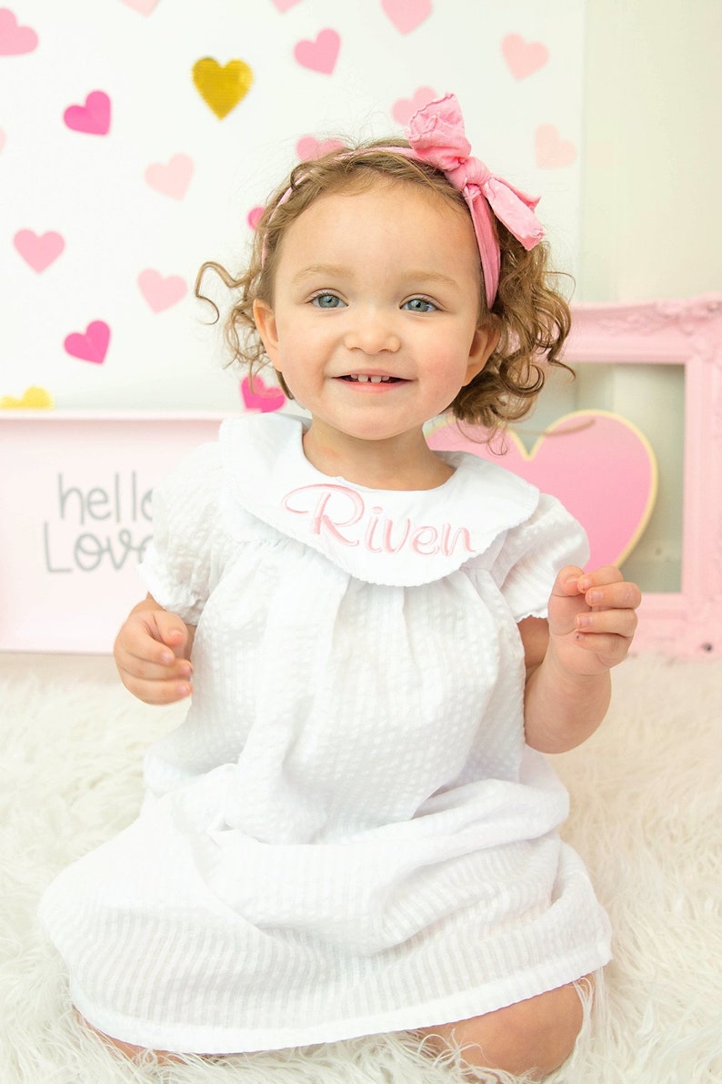 Baby Toddler Girls Bishop Dress, School Dress, Smocked Dress, Personalized Monogrammed smocked bishop collar dress image 2